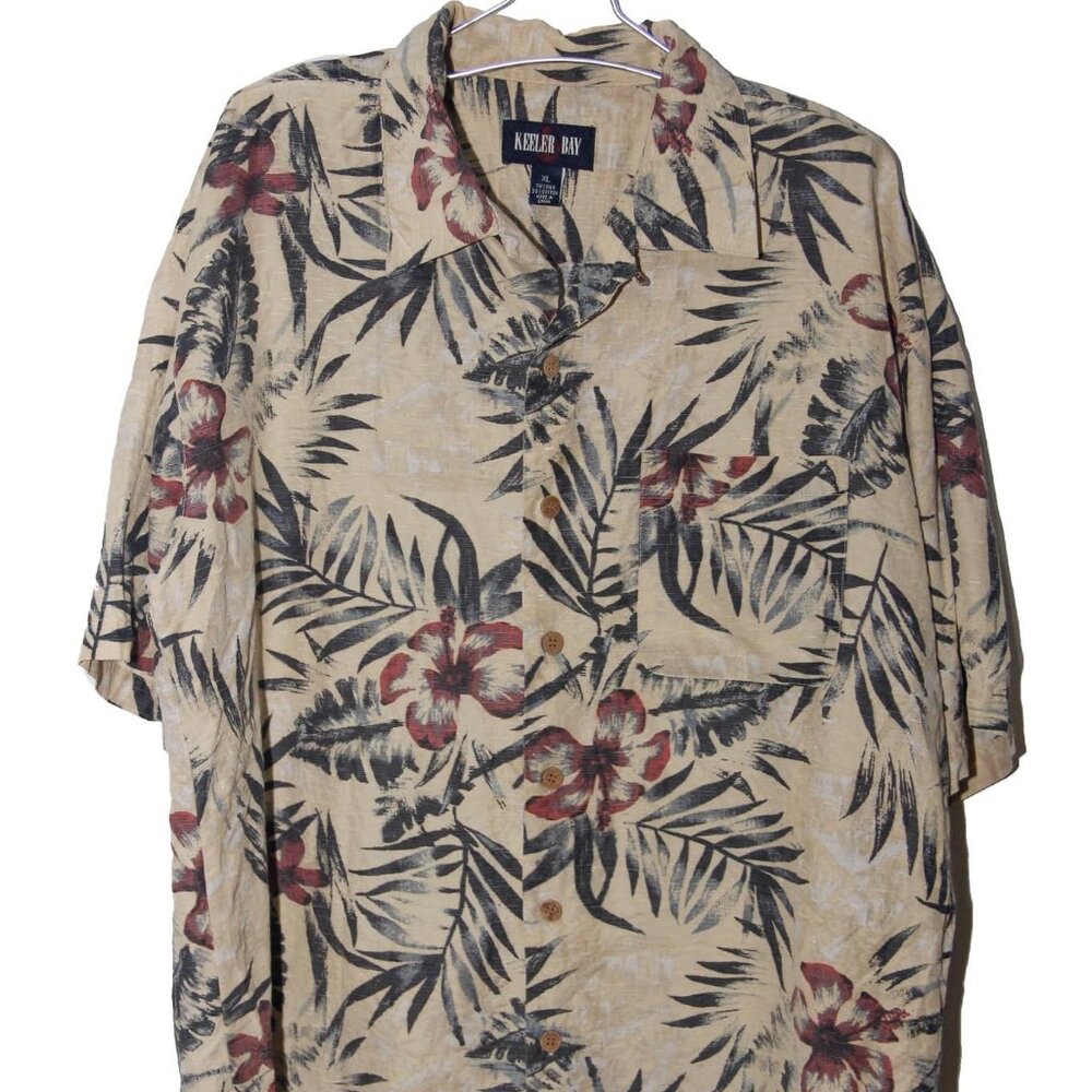 KEELER BAY Shirt Large Button up Tan and Burgundy Flower Beach Hawaiian Tropical
